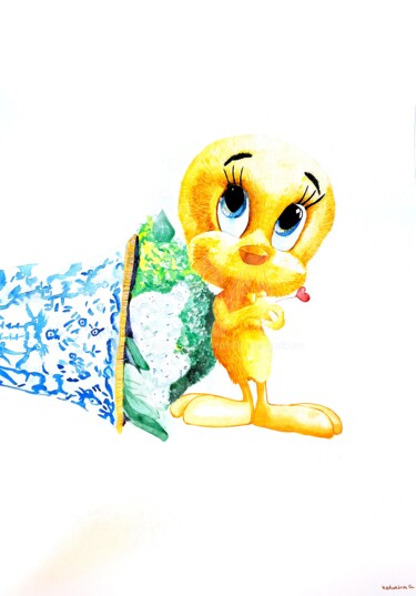 Painting titled "Tweety Bird Painting" by Katwrina Golban, Original Artwork, Watercolor