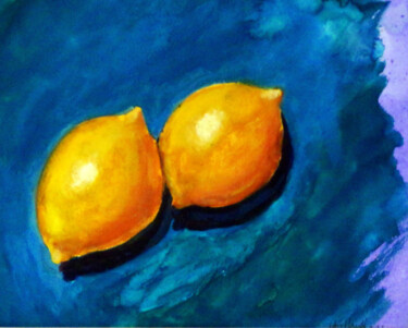 Painting titled "Lemons on Turquoise" by Katy Hawk, Original Artwork, Watercolor