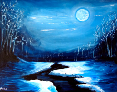 Painting titled "Snow Moon River" by Katy Hawk, Original Artwork, Oil