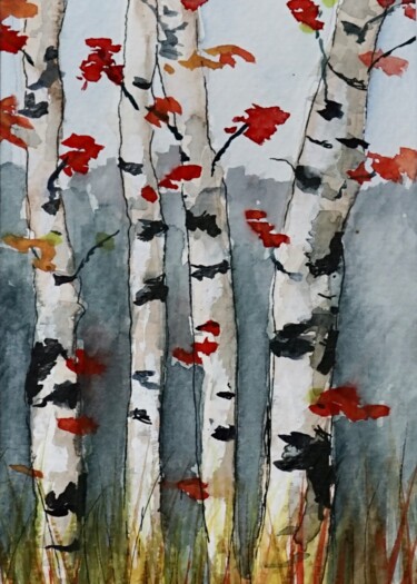 Painting titled "Aspen Trees" by Katy Hawk, Original Artwork, Watercolor Mounted on Other rigid panel