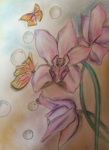 Drawing titled "Orchidées" by Katy Lecomte, Original Artwork, Pastel