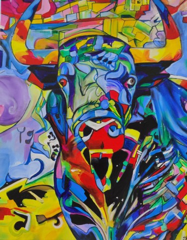 Malarstwo zatytułowany „Toro colorido” autorstwa Katy Lecomte, Oryginalna praca, Akryl Zamontowany na Drewniana rama noszy