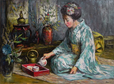 绘画 标题为“Geisha pouring tea” 由George Shchegol, 原创艺术品, 油 安装在木质担架架上