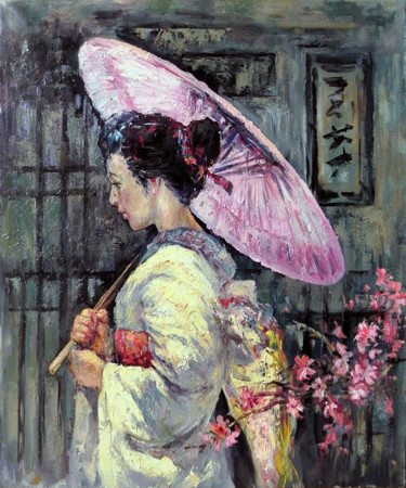 绘画 标题为“Geisha with umbrella” 由George Shchegol, 原创艺术品, 油 安装在木质担架架上