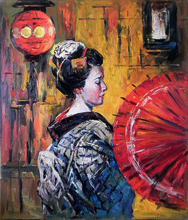Painting titled "Geisha" by George Shchegol, Original Artwork, Oil Mounted on Wood Stretcher frame