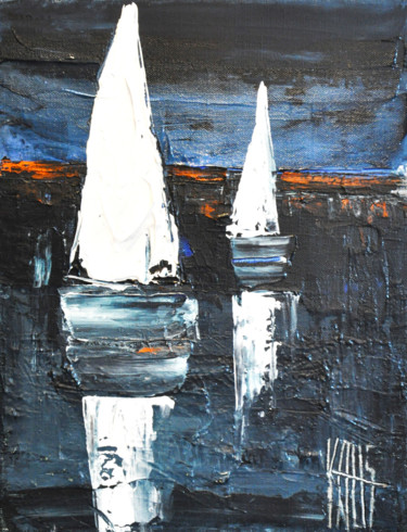 Painting titled "Les voiles blanches" by Michèle Kaus (Kaus), Original Artwork, Acrylic Mounted on Wood Stretcher frame