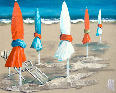 Painting titled "Les parasols orangés" by Michèle Kaus (Kaus), Original Artwork, Acrylic Mounted on Wood Stretcher frame