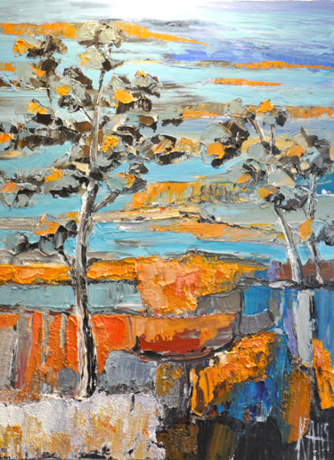 Painting titled "Les pins" by Michèle Kaus (Kaus), Original Artwork, Acrylic Mounted on Wood Stretcher frame