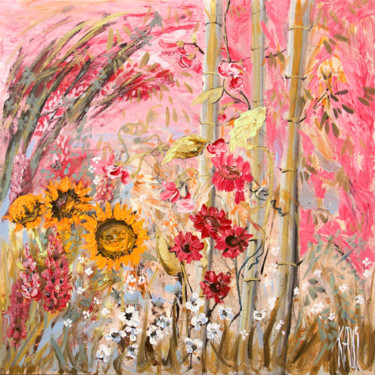 Malarstwo zatytułowany „Les fleurs de mon j…” autorstwa Michèle Kaus (Kaus), Oryginalna praca, Akryl Zamontowany na Drewnian…