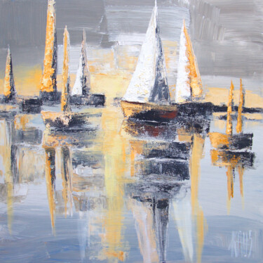 Painting titled "Les voiles I" by Michèle Kaus (Kaus), Original Artwork, Acrylic Mounted on Wood Stretcher frame