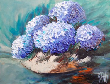 Painting titled "Les hortensias" by Michèle Kaus (Kaus), Original Artwork, Acrylic Mounted on Wood Stretcher frame
