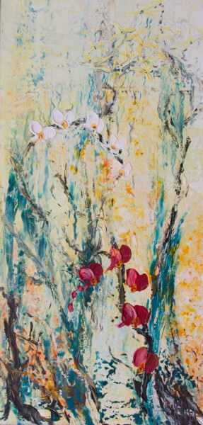 Malarstwo zatytułowany „Orchidées” autorstwa Michèle Kaus (Kaus), Oryginalna praca, Akryl Zamontowany na Drewniana rama noszy