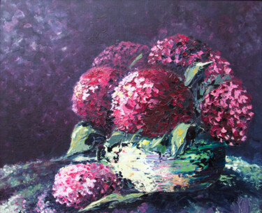 Painting titled "Les Hortensias" by Michèle Kaus (Kaus), Original Artwork, Acrylic Mounted on Wood Stretcher frame