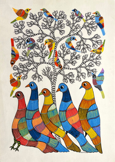 Картина под названием "Tree Of Life 13" - Kaushal Prasad Tekam, Подлинное произведение искусства, Акрил