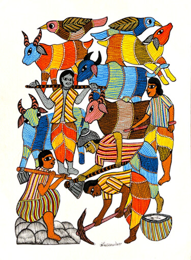 Pintura intitulada "Village Life" por Kaushal Prasad Tekam, Obras de arte originais, Acrílico