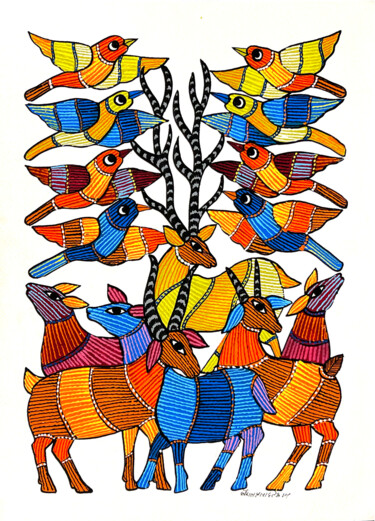 Painting titled "Deear With Birds" by Kaushal Prasad Tekam, Original Artwork, Acrylic