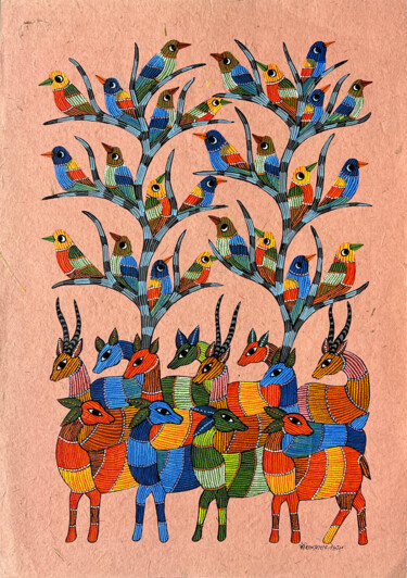 Картина под названием "Tree Of Life 02" - Kaushal Prasad Tekam, Подлинное произведение искусства, Акрил