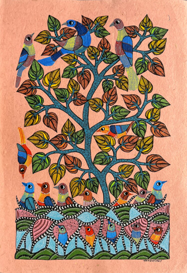 Картина под названием "Tree Of Life 04" - Kaushal Prasad Tekam, Подлинное произведение искусства, Акрил