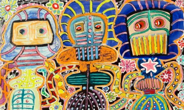 Malerei mit dem Titel "3 hookah men as doo…" von Kaweh Agah, Original-Kunstwerk, Öl