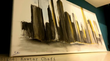 Malerei mit dem Titel "La cité" von Kawtar Chafi, Original-Kunstwerk, Acryl Auf Holzplatte montiert
