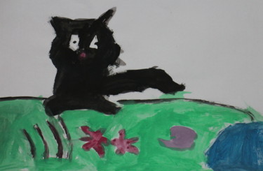 Painting titled "black cat kara kedi" by Kaya Yuzseven, Original Artwork, Watercolor