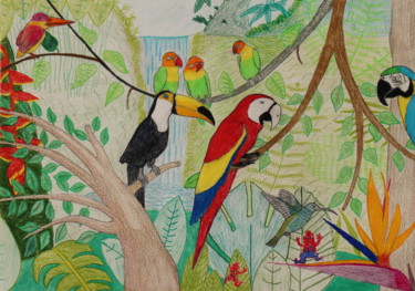 Painting titled "Tropical Birds" by Kaya Yuzseven, Original Artwork, Pastel