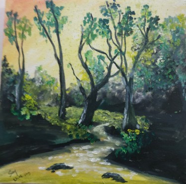 Painting titled "Into the green" by Sanjana Taufique, Original Artwork, Oil