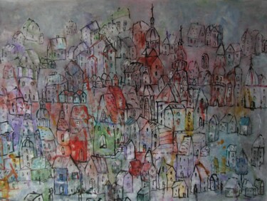 Pintura intitulada "Miasto z mgły" por Kazimiera Myk-Magdziak, Obras de arte originais, Óleo