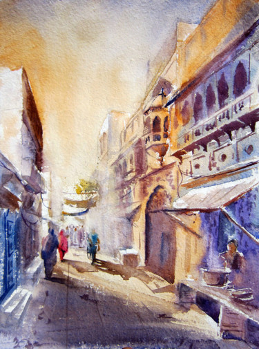 Painting titled "Old Lahore" by Kazmi, Original Artwork, Watercolor