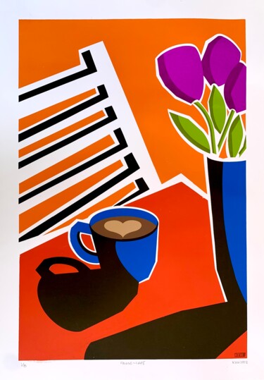 Printmaking titled "Pause-café" by Kew, Original Artwork, Screenprinting