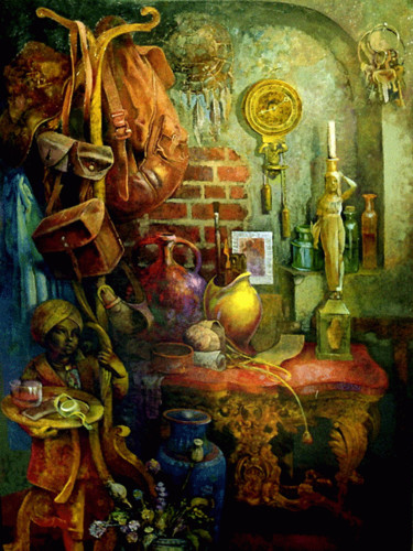 Картина под названием "Натюрморт с рюкзаком" - Александр Вутянов, Подлинное произведение искусства, Масло