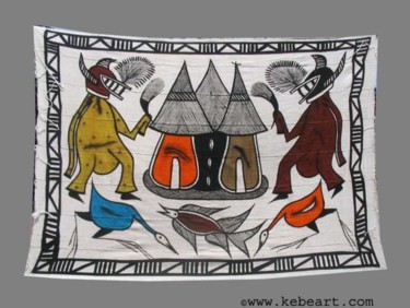 Textielkunst getiteld "Toile de Korhogo" door Kebe, Origineel Kunstwerk