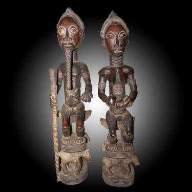 Escultura intitulada "Couple Statuette Ba…" por Kebe, Obras de arte originais, Madeira