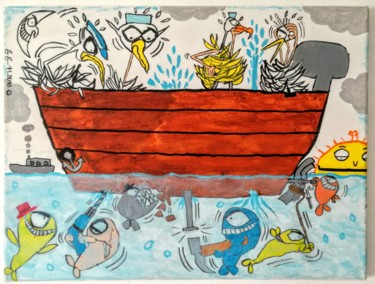 Painting titled "unfriendly fishes" by Gustavo Goldfarb, Original Artwork, Acrylic Mounted on Wood Stretcher frame