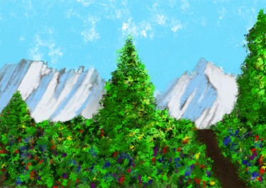 Digitale Kunst getiteld "Bergsicht mit Bäumen" door Keep Magic, Origineel Kunstwerk, Digitaal Schilderwerk