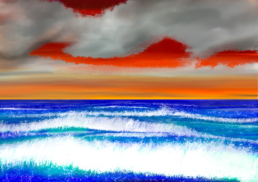 Digital Arts titled "Seascpae with Sunset" by Keep Magic, Original Artwork, Digital Painting