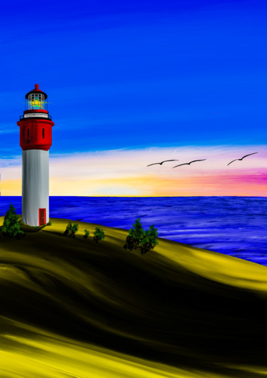 Digitale Kunst mit dem Titel "Coast with a Lighth…" von Keep Magic, Original-Kunstwerk, Digitale Malerei
