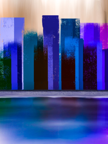 Digitale Kunst getiteld ""Skyline on a River"" door Keep Magic, Origineel Kunstwerk, Digitaal Schilderwerk Gemonteerd op Fra…