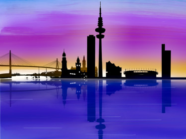 Digitale Kunst mit dem Titel ""Skyline Hamburg"" von Keep Magic, Original-Kunstwerk, Digitale Malerei Auf Keilrahmen aus Hol…
