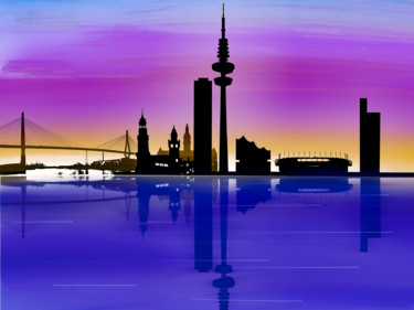 Arts numériques intitulée ""Skyline Hamburg"" par Keep Magic, Œuvre d'art originale, Peinture numérique Monté sur Châssis en…