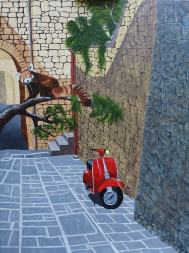 Malerei mit dem Titel "The Red Scooter" von Kees Oosting, Original-Kunstwerk, Öl