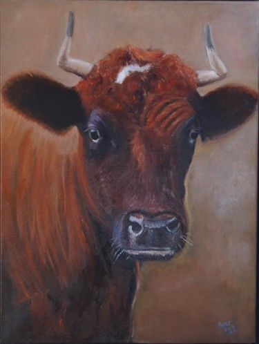 Schilderij getiteld "Brandrode koe" door Kees Van Baest, Origineel Kunstwerk