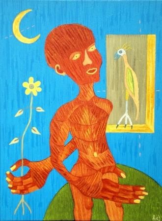 Peinture intitulée "jeune homme à la fl…" par Kej, Œuvre d'art originale