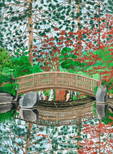 Pintura intitulada "A Japanese Garden" por Kelley Hudson, Obras de arte originais, Aquarela