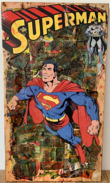 Superman WoodArt Comics and Resinfinish 75x40 Collages intitulée "Superman WoodArt Co…" par Kellnington, Œuvre d'art originale, Collagraphie