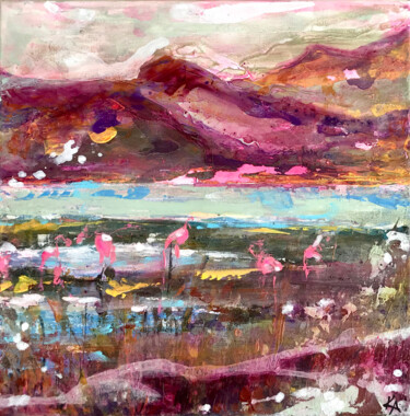 Pittura intitolato "Pink Flamingos" da Kelly Allison, Opera d'arte originale, Acrilico Montato su Telaio per barella in legno