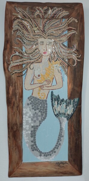 Sculpture titled "Sereia Criatura Div…" by Kelly Melgar, Original Artwork, Mosaic Mounted on Wood Stretcher frame