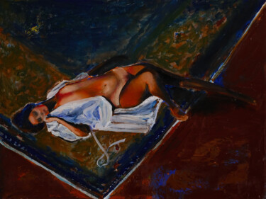 Schilderij getiteld "After bath 2" door Kemal Ridzal, Origineel Kunstwerk, Olie Gemonteerd op Frame voor houten brancard