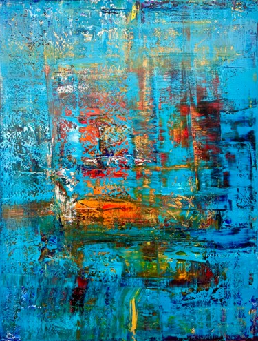 Painting titled "Blue Texture" by Kemal Yazici, Original Artwork, Oil Mounted on Wood Stretcher frame