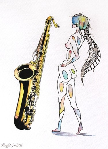 Desenho intitulada "Femme au saxo" por Kempfi, Obras de arte originais, Outro